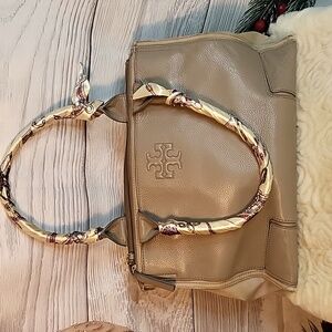 Tory Burch Large Leather Satchel Bag Taupe Color